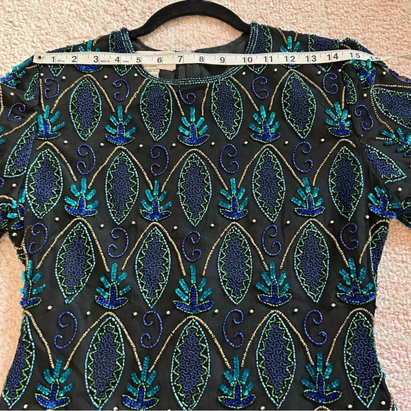 Vintage Silk Beaded Sequin Blouse Laurence Kazar SZ Petite Small Formal Holiday - Picture 5 of 9